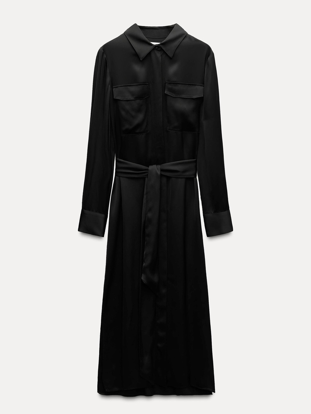 Zara ZW Collection Black Satin Effect Midi Shirt Dress - SIZE SMALL